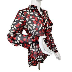 Diane Von Furstenberg 90s Sheer Silk Blouse Women 2 Red White on Black Long Slv